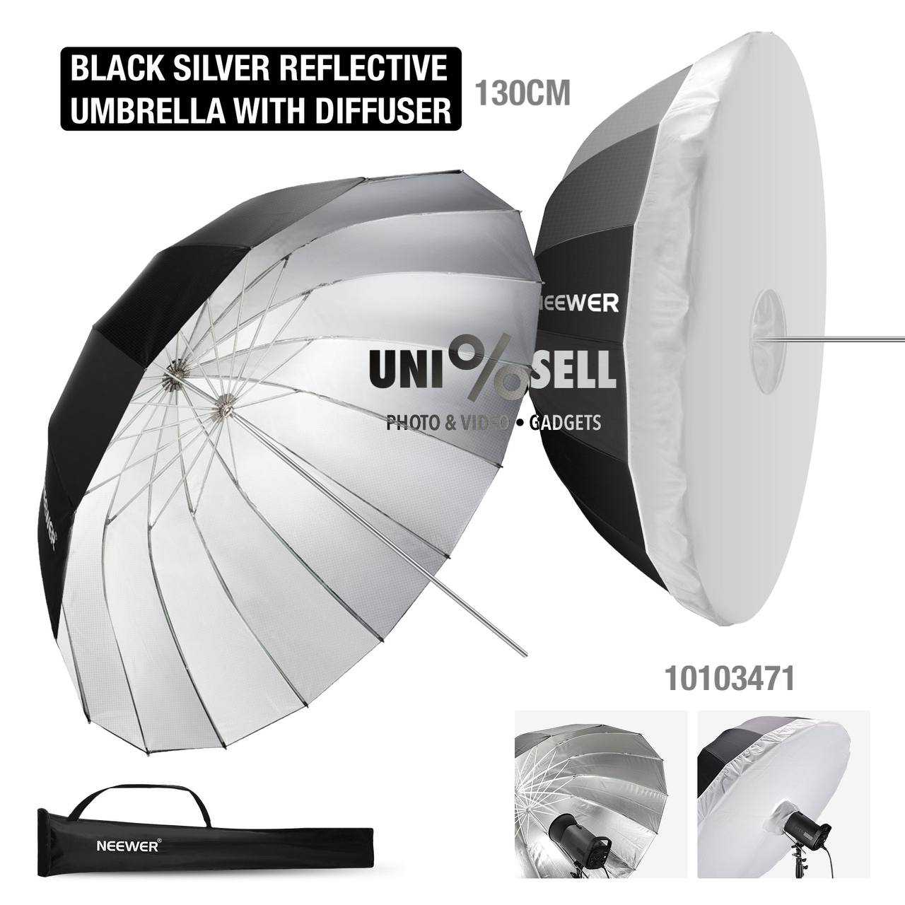 NEEWER 130CM BLACK SILVER REFLECTIVE UMBRELLA WITH DIFFUSER 10103471